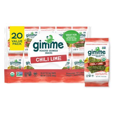 Gimme Seaweed Organic Premium Roasted Seaweed Snacks, Chili Lime, 20 Count, Keto, Vegan, Gluten-Free, Great Source of Omega3s and Iodine, Healthy On-The-Go Snack for Kids and Adults