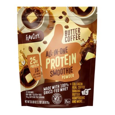 FlavCity Grass Fed Whey Protein Powder - Butter Coffee - 25g Protein, 10g Collagen & 55mg Caffeine - Made with Organic Reishi & Cordyceps - Gluten Free & No Added Sugars (20 Servings)