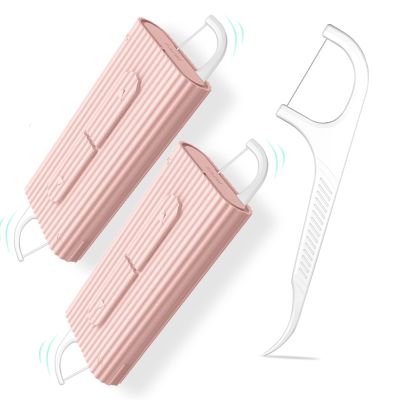 Palm Size Refillable Dental Floss Picks 2 Case,Travel Toothpicks Purses,No Shred Toothpicks Sticks,Ultra Small Dental Care Tools(Pink,2Pcs)