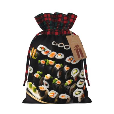 KoNsev Drawstring Christmas Bags,Scottish Plaid Xmas Gift Bags,Halloween Decor Bags,Xmas Goodie Bags,Japanese Sushi Black Print