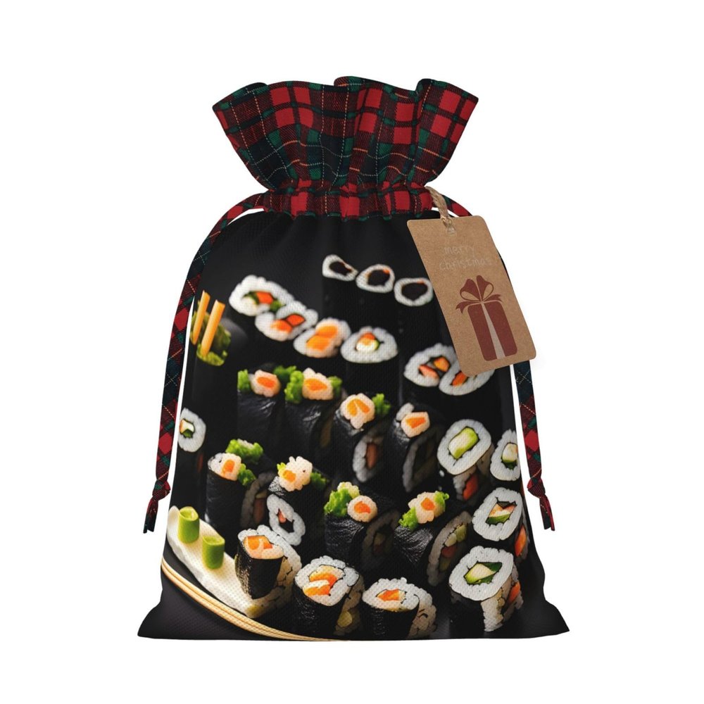 KoNsev Drawstring Christmas Bags,Scottish Plaid Xmas Gift Bags,Halloween Decor Bags,Xmas Goodie Bags,Japanese Sushi Black Print