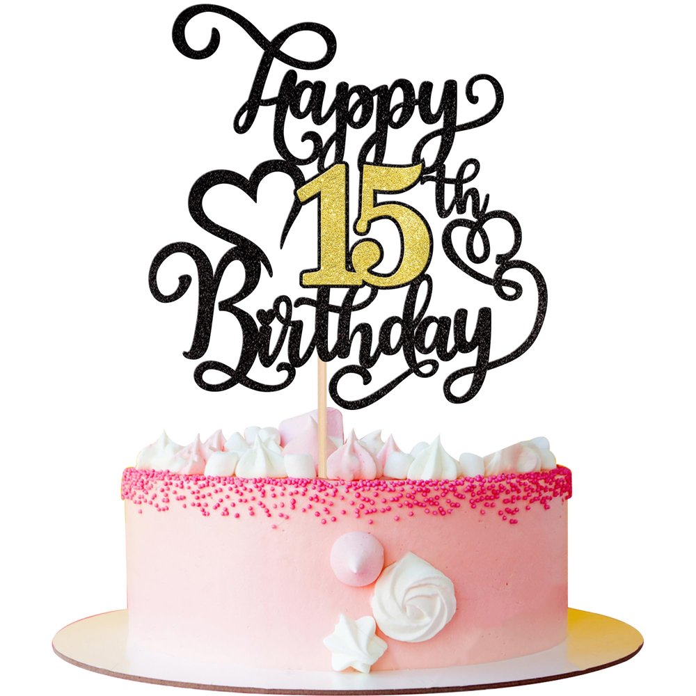 Rsstarxi 1 Pack Happy 15th Birthday Cake Topper Black Gold Glitter 15 Fabulous Cake Pick Cheers to 15 Years Sign Birthday Cake Decoration for Happy 15th Birthday Anniversary Party Decorations