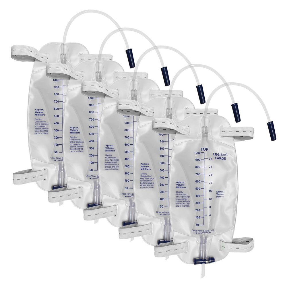 5 Pack Easy-Tap Leg Bag with Anti-Reflux Valve, 1000ml Catheter Bags with 2 Cloth Straps, Disposable Urine Leg Bag for Home Care Easy Flip Drain