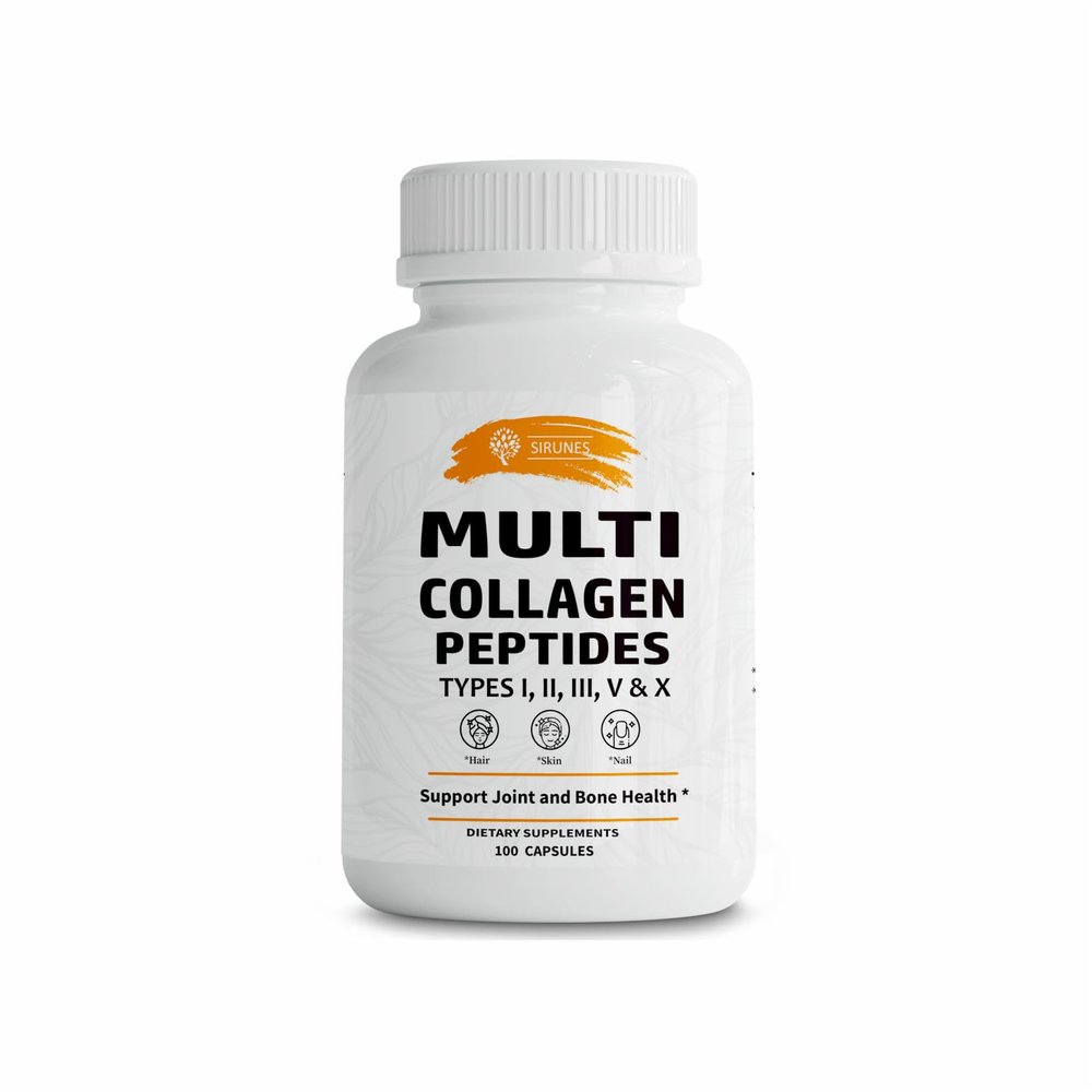 SIRUNES Multi Collagen Peptides Capsules - Non-GMO & Gluten Free Type I, II, III, V, X Hydrolyzed Collagen Supplements with Vitamin C - Supports Healthy Hair, Skin, Nails, & Joints - 100 Capsules