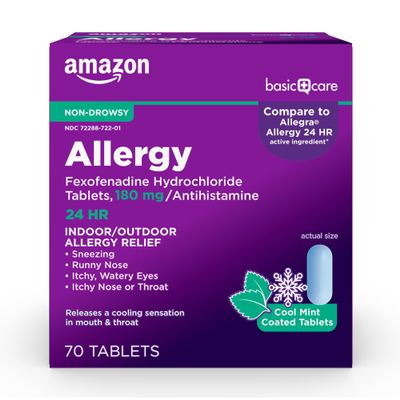 Amazon Basic Care Allergy Relief, 24 Hour, Fexofenadine Hydrochloride 180 mg, Non-Drowsy Antihistamine, Cool Mint Coated Tablets, 70 Count