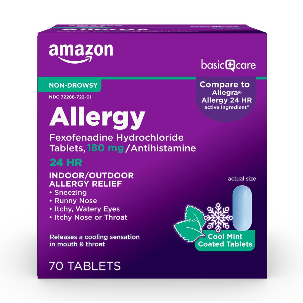 Amazon Basic Care Allergy Relief, 24 Hour, Fexofenadine Hydrochloride 180 mg, Non-Drowsy Antihistamine, Cool Mint Coated Tablets, 70 Count