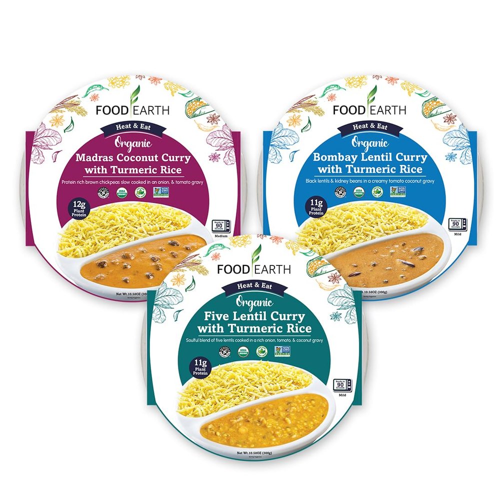 Food Earth Ready to Eat Indian Cuisine  Bombay Lentil Curry, Five Lentil Curry & Madras Coconut Curry with Turmeric Rice  Organic, Vegan, Gluten-Free  Pack of 3