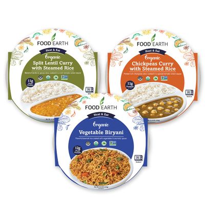 Food Earth Ready to Eat Indian Cuisine Bundle  Split Lentil Curry, Chickpeas Curry with Steamed Rice & Vegetable Biryani  Organic, Vegan, Gluten-Free, GMO-Free, Plant-Based  Pack of 3