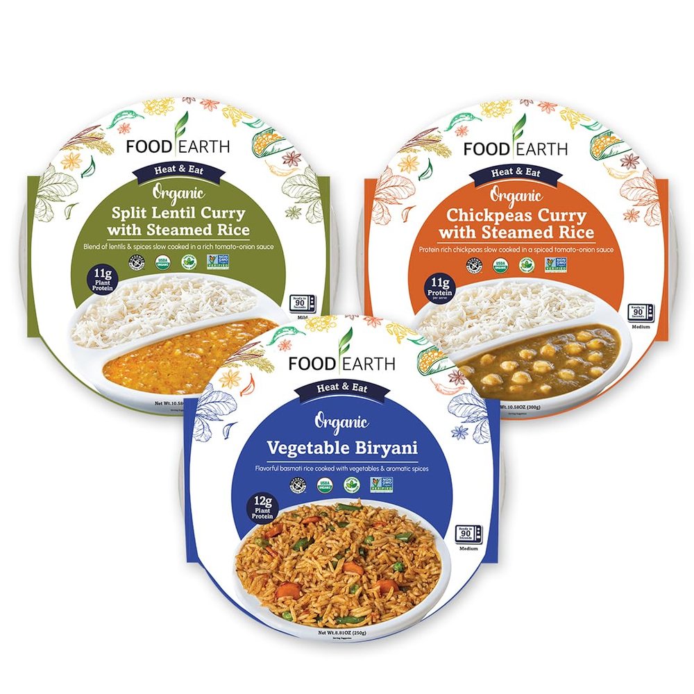 Food Earth Ready to Eat Indian Cuisine Bundle  Split Lentil Curry, Chickpeas Curry with Steamed Rice & Vegetable Biryani  Organic, Vegan, Gluten-Free, GMO-Free, Plant-Based  Pack of 3
