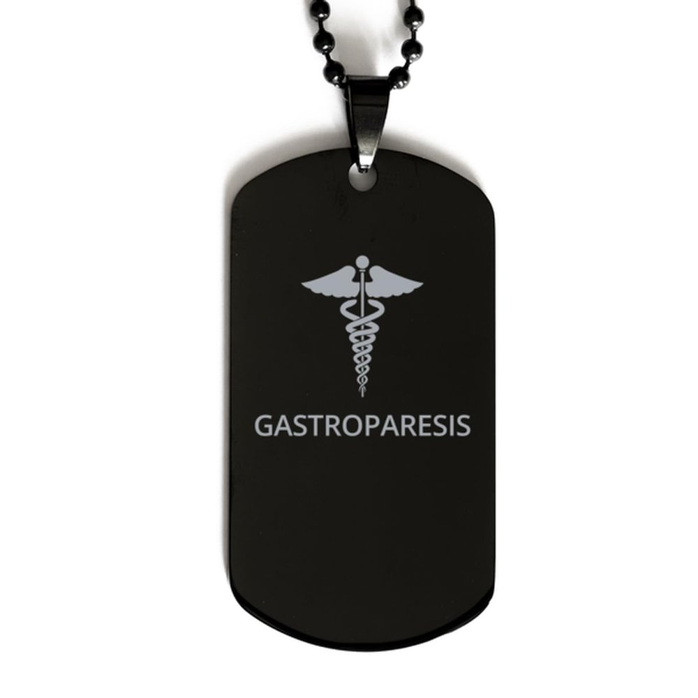 CHERLINKS Medical Black Dog Tag, Gastroparesis Awareness, Medical Symbol, SOS Emergency Health Life Alert ID Engraved Stainless Steel Chain Necklace For Men Women Kids