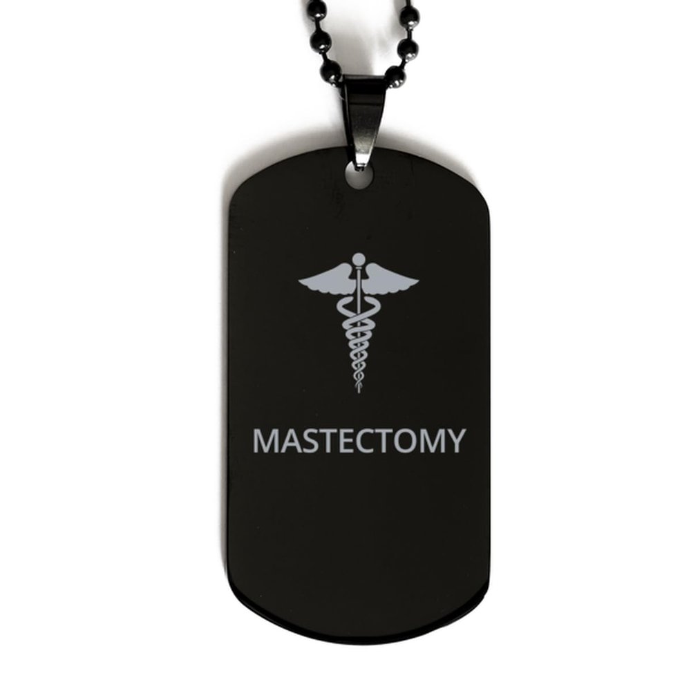 CHERLINKS Medical Black Dog Tag, Mastectomy Awareness, Medical Symbol, SOS Emergency Health Life Alert ID Engraved Stainless Steel Chain Necklace For Men Women Kids