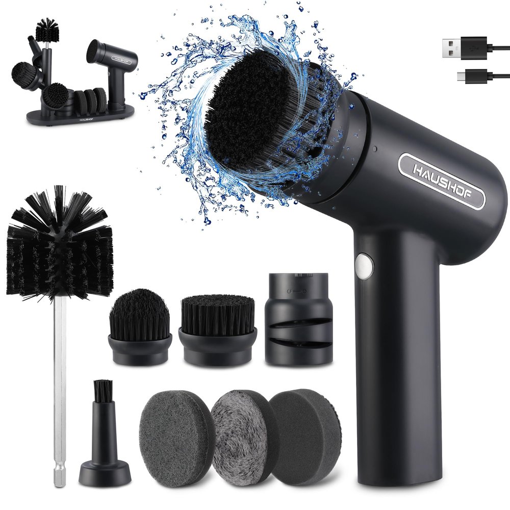 HAUSHOF Electric Spin Scrubber, Cordless Dish Scrubber Brush with 8 Replaceable Heads & 3 Speeds, Power Scrubber Electric Scrubber for Cleaning Kitchen, Sink, Bathroom, Knife Sharpener Included