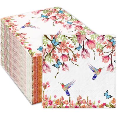 80Pcs Hummingbird Floral Paper Napkins Spring Pink Blossom Butterfly Bird Disposable Luncheon Napkin Flower Dessert Dinner Hand Napkin for Wedding Birthday, 6.5 x 6.5 Inch