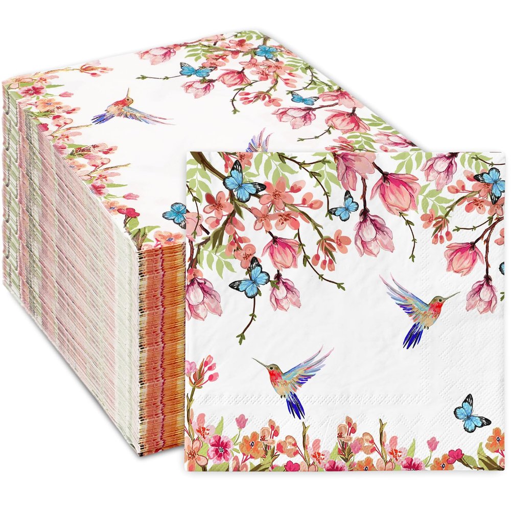 80Pcs Hummingbird Floral Paper Napkins Spring Pink Blossom Butterfly Bird Disposable Luncheon Napkin Flower Dessert Dinner Hand Napkin for Wedding Birthday, 6.5 x 6.5 Inch