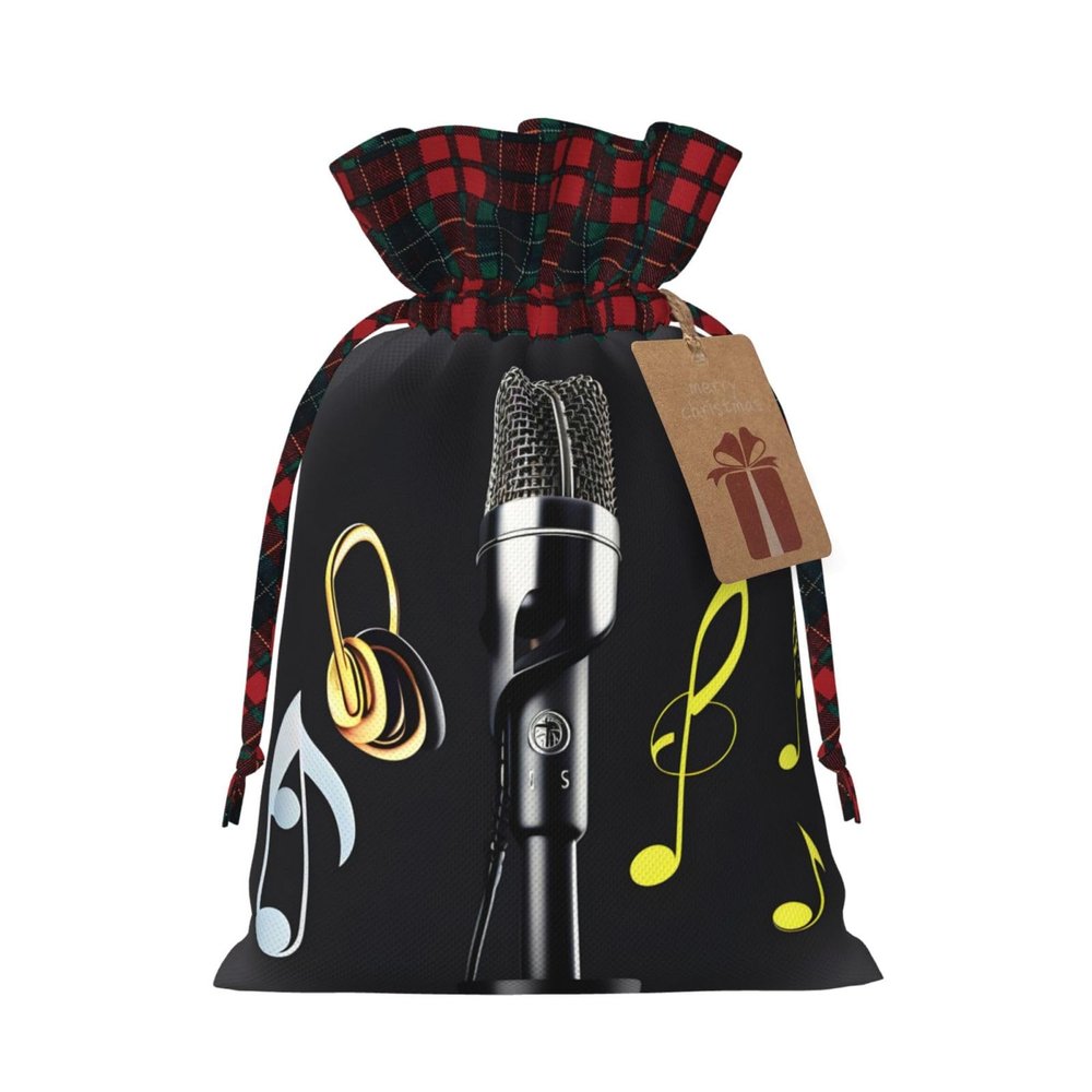 Ogniwo Drawstring Gift Bag,Gifts Decorations For Christmas Party Supplies,Reusable Xman Gift Bags,Microphone With Music Notes Print