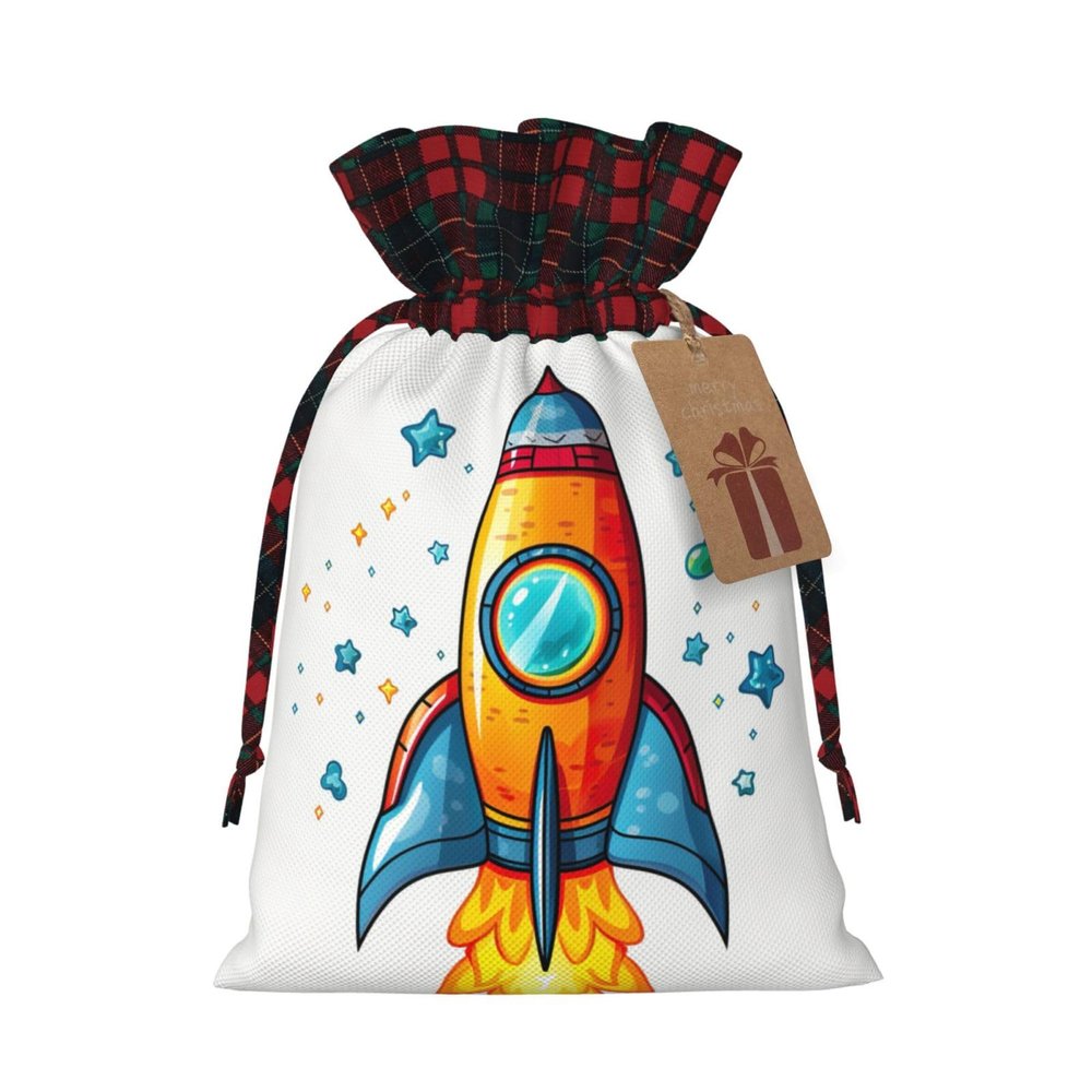 Ogniwo Drawstring Gift Bag,Gifts Decorations For Christmas Party Supplies,Reusable Xman Gift Bags,Rocket Clipart Space Ship Print