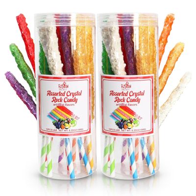 Fusion Select 24 Crystal Rock Candy Sticks - Sweet Hard Sugar Lollipop Snacks with Strong Flavors - Assorted Large, Individually Wrapped Candies - Colored Buffet Treats & Party Favors for Kids