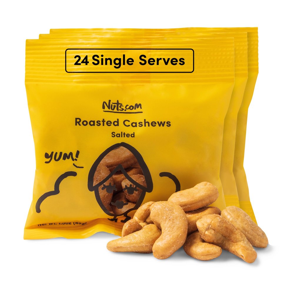 Nuts.com Roasted Cashews (Salted Single Serve) Creamy & Savory Flavor, Healthy Snack for Adults & Kids, Good Source of Protein, Fiber, Calcium, Iron & Healthy Fats Vegan & Gluten-Free 24 Pack