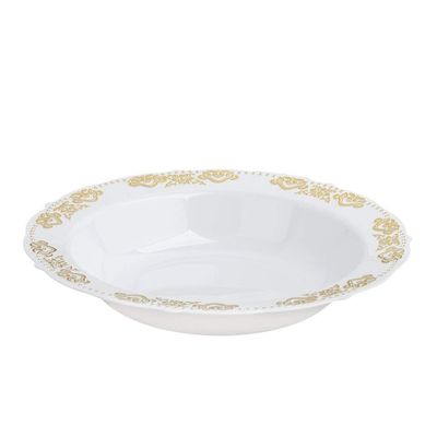 10 pcs 12 oz White Plastic Bowls with Gold Trim - Disposable Wedding Party Home Event Tableware Supplies