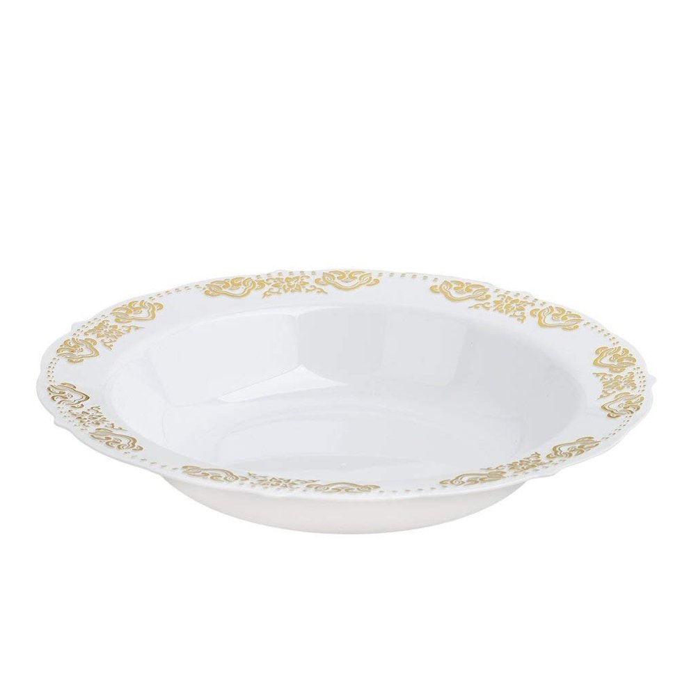 10 pcs 12 oz White Plastic Bowls with Gold Trim - Disposable Wedding Party Home Event Tableware Supplies