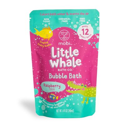Mobi Little Whale Bubble Bath, Tropical Fruity Raspberry Scent Kids Body Wash, Gentle Moisturizing Tub Foam for All Skin Type, GMO-Free, Stain-Free, Fun Pink Color, 8 fl oz