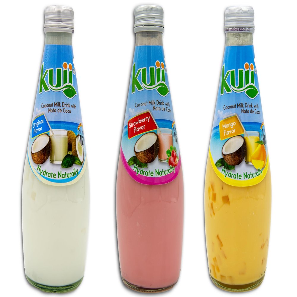 SAMPLER Coconut Milk Drink With Nata de Coco Bundle - KUII Coconut Milk Drink with Nata de Coco Strawberry / Fresa (1) - Original (1) - Mango (1) - KUII Coconut Drinks - KUII Coconut Milk (Pack of 3 Coconut Milk Drins, 1 Coconut, 1 Strawberry, 1 Mang