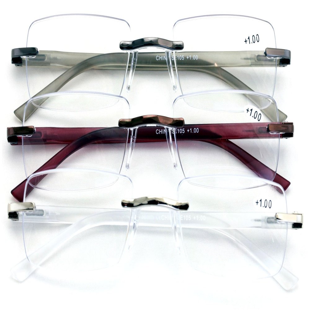 V.W.E. 3 Pairs of lightweight reading glasses with spring hinges and storage case - Rimless Modern Classic Design (3 Assorted Pairs, 1.50)