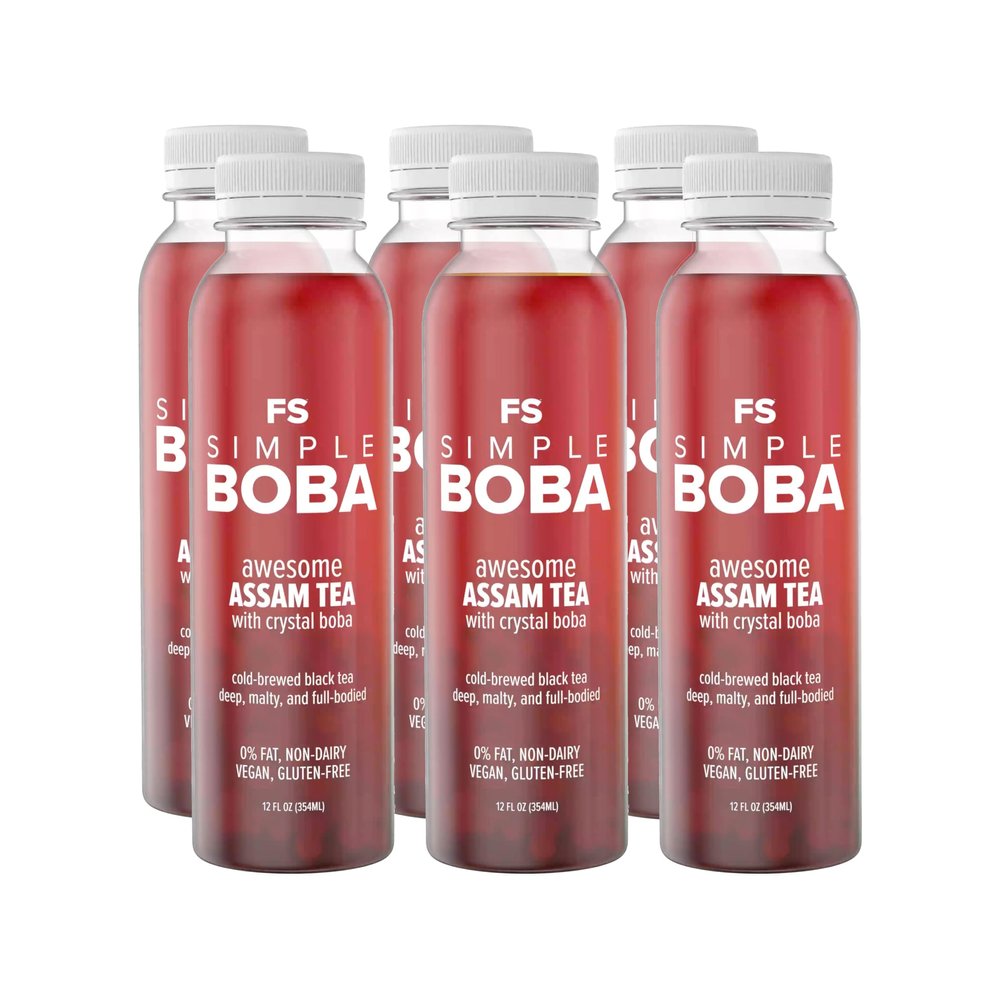 FS Simple Boba | Natural Bubble Tea or Juice with Healthy Konjac Crystal Boba Pearls | NO Artificial Ingredients or Preservatives | 0% Fat, Dairy-Free, Gluten-Free, Vegan | 12oz Bottles (Awesome Assam Black Tea, 6 Pack)