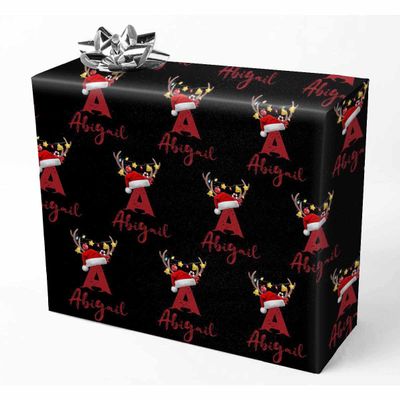 InterestPrint Personalized Merry Christmas Wrapping Paper with Name Antler Christmas Hat Customized Text Christmas Wrap Paper for Granddaughter Grandson on Birthday Party Christmas Gift Wrap