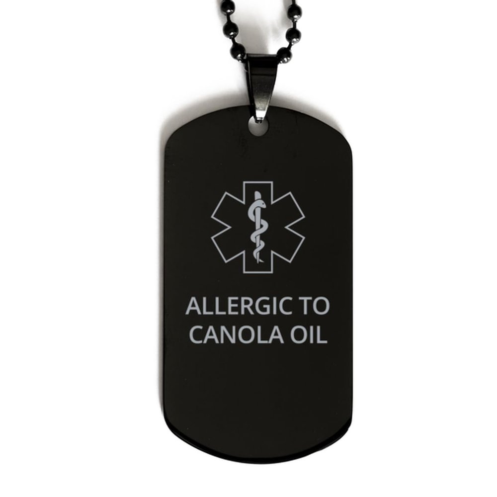 CHERLINKS Medical Alert Black Dog Tag, Allergic to Canola Oil Awareness, SOS Emergency Health Life Alert ID Engraved Stainless Steel Chain Necklace For Men Women Kids