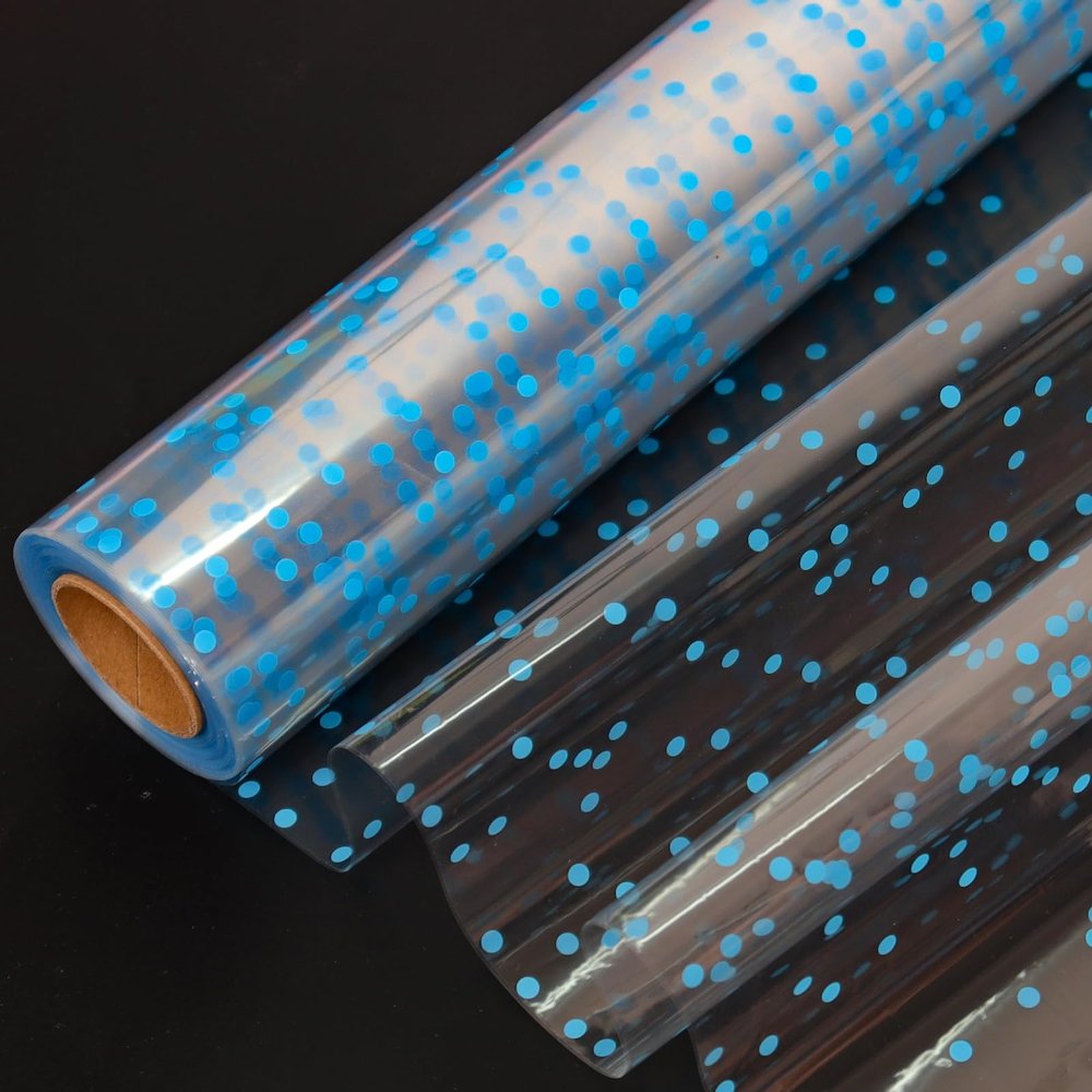 CMFYHM Clear Cellophane Wrap Roll (34" x 100Ft) Blue Polka Dot Cellophane, Transparent Cellophane Wrap Roll for Treats, Gifts, Baskets, Flowers, Birthday Party,Easter, Christmas Decorations