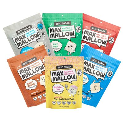 Max Mallow Sugar Free Marshmallows - Keto Friendly, Perfect for S'mores, Hot Chocolate, and Baking with Zero Sugar Snacks, Smores Mct Oil Zero Sugar Marshmellow Marshmallow Lightning Vanilla, Mint Chip, Cinnamon Toast, Burnt Caramel, Birthday Cake, &