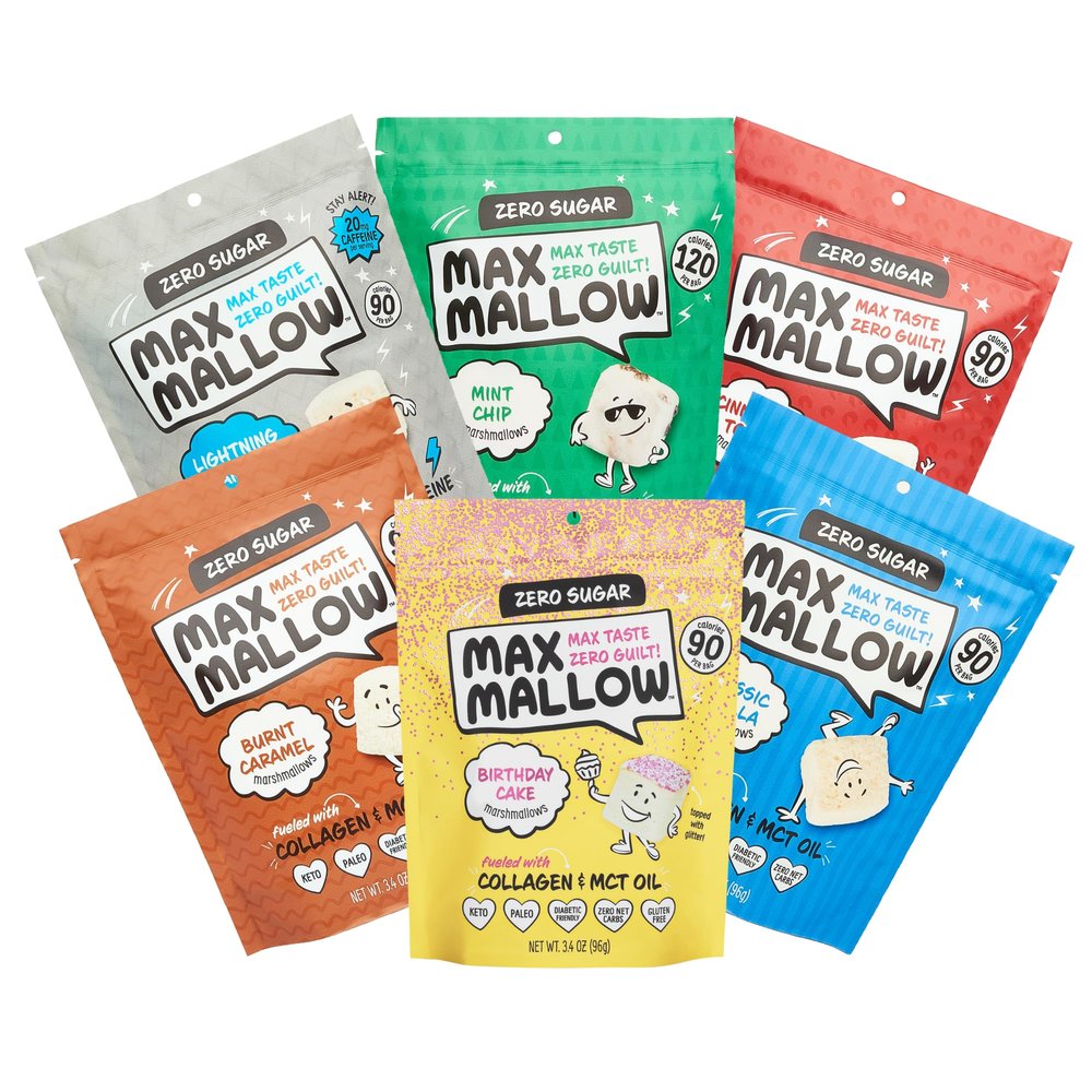 Max Mallow Sugar Free Marshmallows - Keto Friendly, Perfect for S'mores, Hot Chocolate, and Baking with Zero Sugar Snacks, Smores Mct Oil Zero Sugar Marshmellow Marshmallow Lightning Vanilla, Mint Chip, Cinnamon Toast, Burnt Caramel, Birthday Cake, &