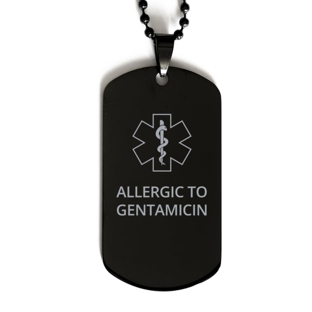 CHERLINKS Medical Alert Black Dog Tag, Allergic to Gentamicin Awareness, SOS Emergency Health Life Alert ID Engraved Stainless Steel Chain Necklace For Men Women Kids