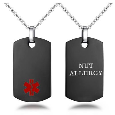 AOAMID 24 IN Stainless steel medical alert necklace for men black dog tags medical identity pendants with free engraving NUT Allergy