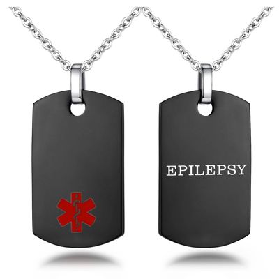 AOAMID 24 IN Stainless steel medical alert necklace for men black dog tags medical identity pendants with free engraving EPILEPSY