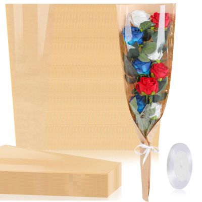 KIMOBER 50PCS Flower Bouquet Bags, Clear Cellophane Floral Sleeve with Ribbon, 24.8 * 8.7 Inches, Wedding, Birthday, Mother's Day, Multiple Special Occasions