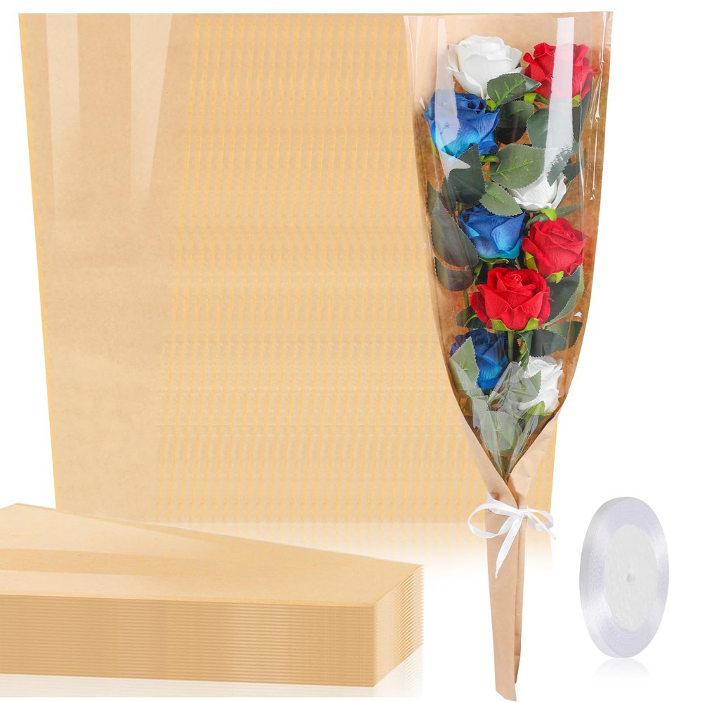 KIMOBER 50PCS Flower Bouquet Bags, Clear Cellophane Floral Sleeve with Ribbon, 24.8 * 8.7 Inches, Wedding, Birthday, Mother's Day, Multiple Special Occasions
