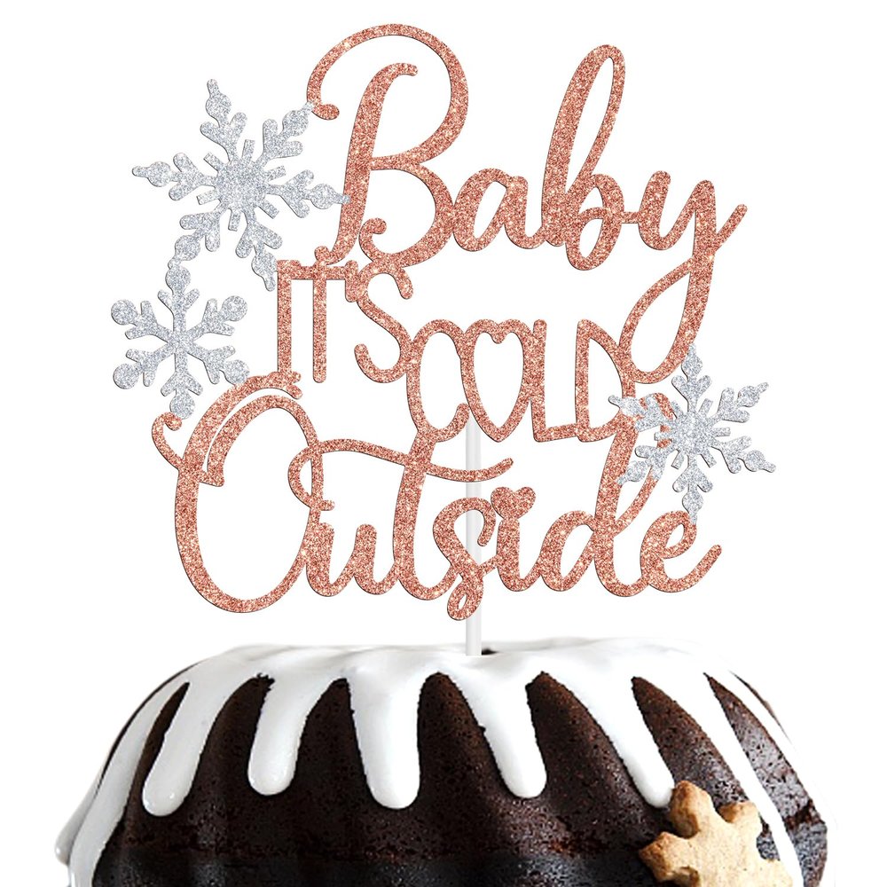 Baby It's Cold Outside Cake Topper - Little Snowflake Baby Shower Winter 1st Birthday Party Decorations Supplies for Baby Boy Girl, Silver and Rose Gold Glitter