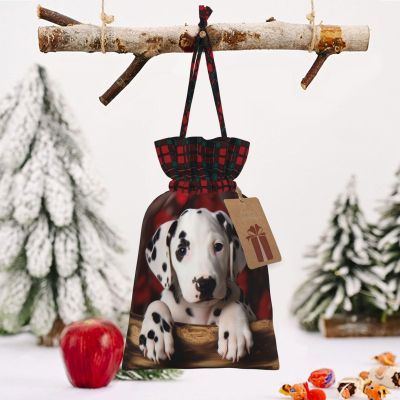 RLDOBOFE dalmatian puppy print Christmas Gift Bag Christmas Drawstring Bag Reusable Gift Bags Xmas Present Bags with Gift Tag Fabric Cloth Sacks for Christmas Thanksgiving Wedding Party