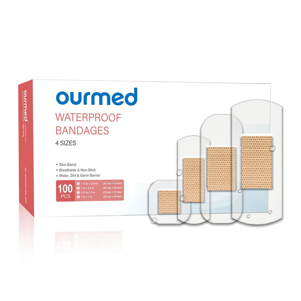 Ourmed Waterproof Bandages, Clear Adhesive Bandages for First-Aid, Wound Care, Fingers, Knees and Heels, Stays on Skin in The Bath, Shower or Pool, Assorted Sizes, 100 Count