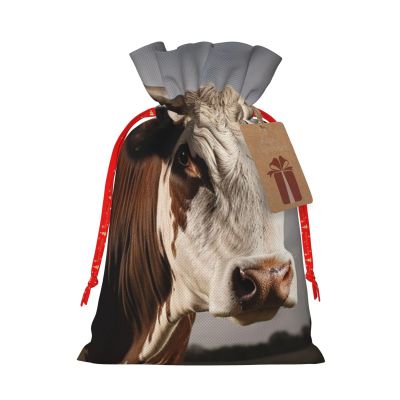 Dwrepo Cow Christmas Gift Bags Burlap Gift Wrap Bags Reusable Drawstring Gift Bags with Tags Xmas Holiday Party Favors Bags