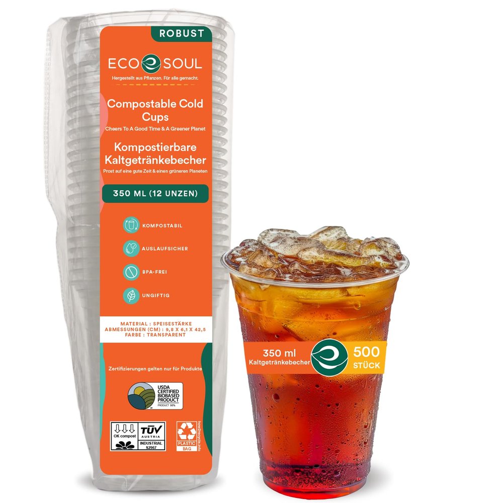 ECO SOUL 500 Pack Compostable Party Cups 12 oz Plant-Based Disposable Clear Cold Cup for Wine, Coffee, Smoothie & Soda Drinks | Cocktail Parties & Birthdays | Non-Toxic & BPA-Free Zero Plastic Glass