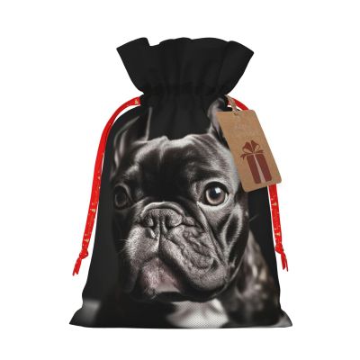 Dwrepo French Bulldog Christmas Gift Bags Burlap Gift Wrap Bags Reusable Drawstring Gift Bags with Tags Xmas Holiday Party Favors Bags
