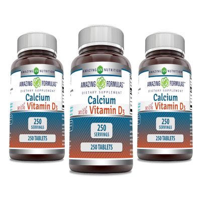 Amazing Formulas Calcium with Vitamin D3 Supplement | Tablets | Non-GMO | Gluten-Free | Made in USA (3 Pack | 240 Count)