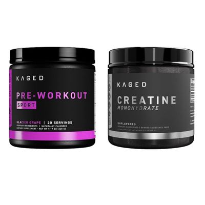 Kaged Pre Sport Pre Workout Powder Glacier Grape Creatine Monohydrate Micronized Powder Bundle, Energy & Muscle Recovery Supplement Pack, 20 Servings Pre-Workout + 100 Servings Creatin