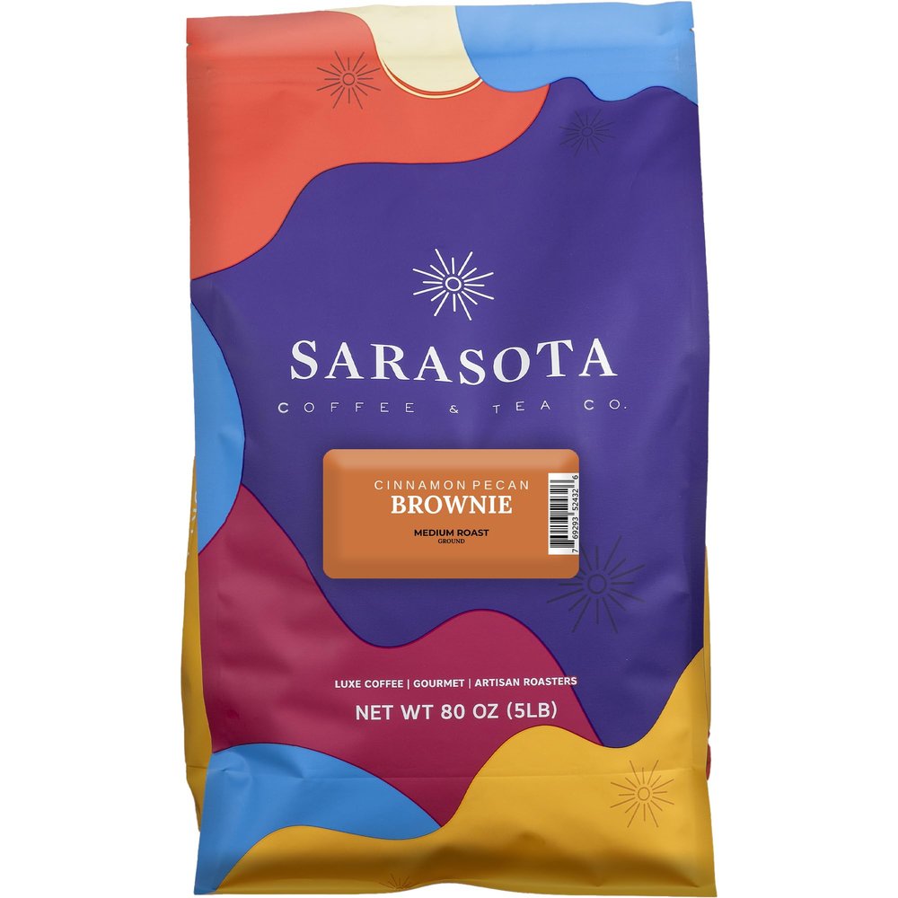 Sarasota Coffee Ground Cinnamon Pecan Brownie | Medium Roast Gourmet Flavored Coffee Grounds | Low Acid, Mold Free, Specialty Grade Flavored Bulk Ground Coffee | 5lb (80 oz)