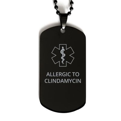 CHERLINKS Medical Alert Black Dog Tag, Allergic to Clindamycin Awareness, SOS Emergency Health Life Alert ID Engraved Stainless Steel Chain Necklace for Men Women Kids