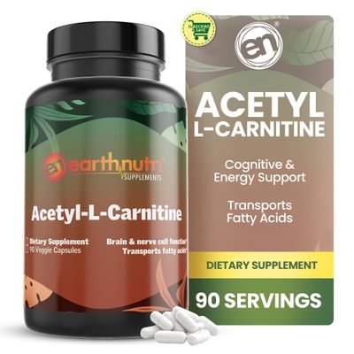 EarthNutri Acetyl-L-Carnitine Capsule - Additive Free, Gluten Free, No Fillers, No Preservatives - Acetyl L-Carnitine Supplement Helps Concentration & Energy - 500mg Per Serving, Unflavored 90 Count