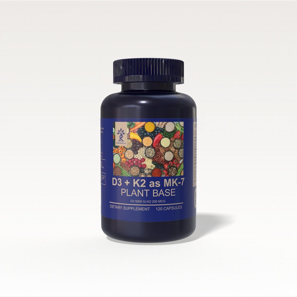 AZ BIOTECH D3 + K2 as MK-7 Plant Base, Non-GMO Formula 5000 IU Vitamin D3 & 200 mcg Supplement Vitamin K2 MK-7, 120 Capsules